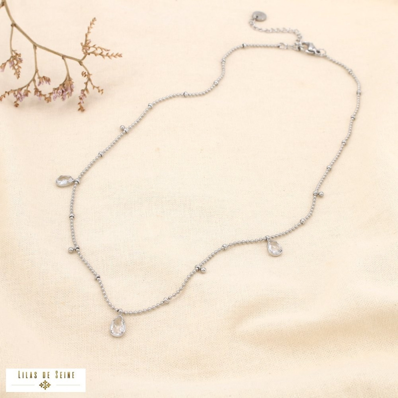 Collier en acier inoxydable Pampilles gouttes en strass & chaîne à billes DAPHNEE argenté