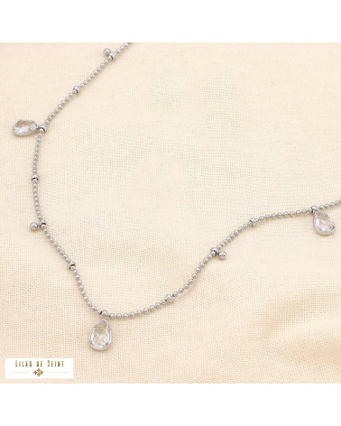 Collier en acier inoxydable Pampilles gouttes en strass & chaîne à billes DAPHNEE argenté