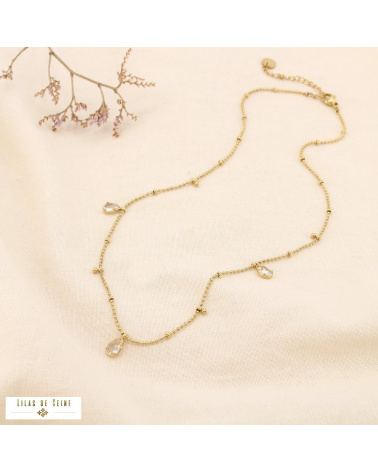 Collier en acier inoxydable Pampilles gouttes en strass & chaîne à billes DAPHNEE doré