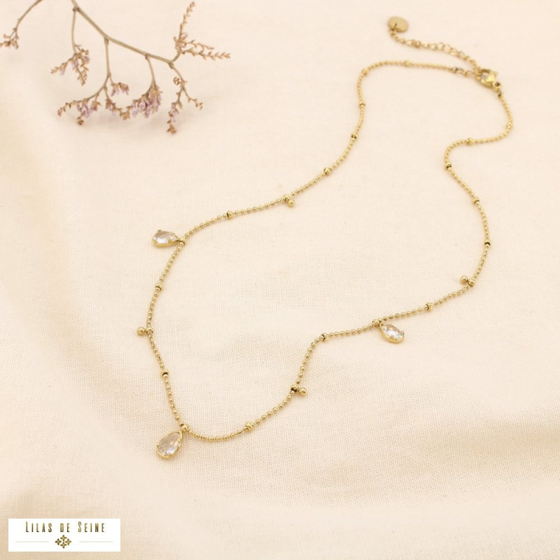 Collier en acier inoxydable Pampilles gouttes en strass & chaîne à billes DAPHNEE doré