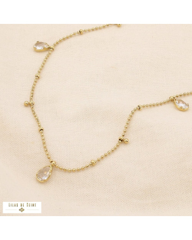 Collier en acier inoxydable Pampilles gouttes en strass & chaîne à billes DAPHNEE doré