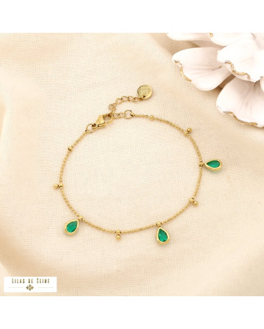 Bracelet en acier inoxydable Pampilles gouttes en strass & chaîne à billes DAPHNEE vert