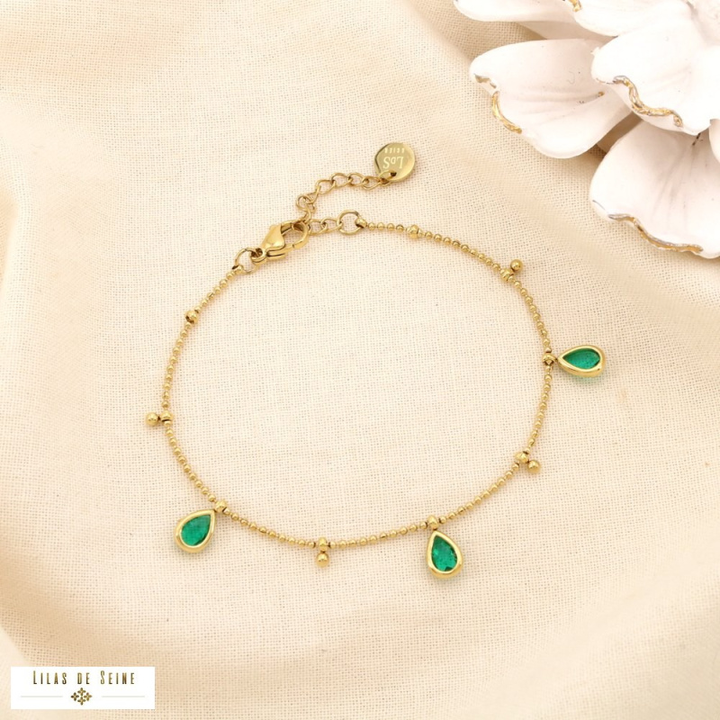 Bracelet en acier inoxydable Pampilles gouttes en strass & chaîne à billes DAPHNEE vert