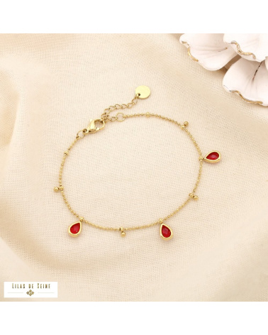 Bracelet en acier inoxydable Pampilles gouttes en strass & chaîne à billes DAPHNEE rouge bordeaux