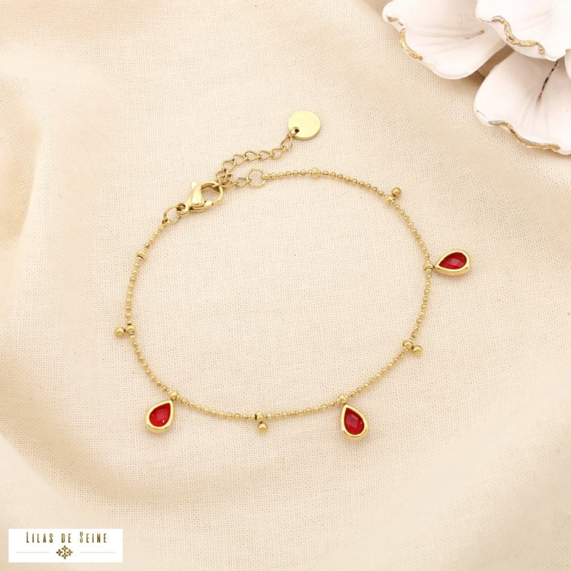 Bracelet en acier inoxydable Pampilles gouttes en strass & chaîne à billes DAPHNEE rouge bordeaux