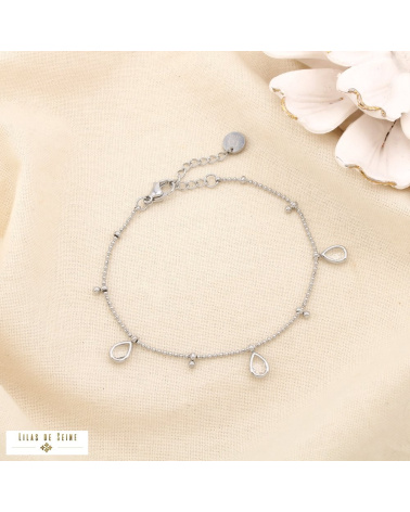 Bracelet en acier inoxydable Pampilles gouttes en strass & chaîne à billes DAPHNEE argenté