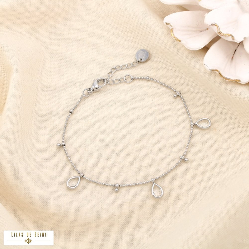 Bracelet en acier inoxydable Pampilles gouttes en strass & chaîne à billes DAPHNEE argenté