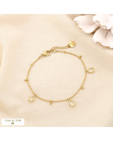 Bracelet en acier inoxydable Pampilles gouttes en strass & chaîne à billes DAPHNEE doré