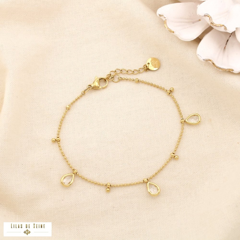 Bracelet en acier inoxydable Pampilles gouttes en strass & chaîne à billes DAPHNEE doré