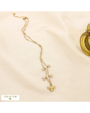 Collier en acier inoxydable Pendentif abeille & pampilles en strass AURELIA doré