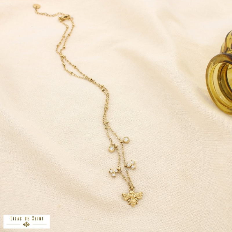 Collier en acier inoxydable Pendentif abeille & pampilles en strass AURELIA doré