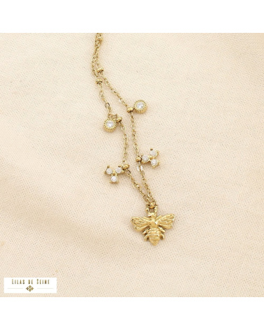 Collier en acier inoxydable Pendentif abeille & pampilles en strass AURELIA doré
