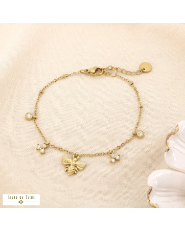 Bracelet en acier inoxydable Pendentif abeille & pampilles en strass AURELIA doré