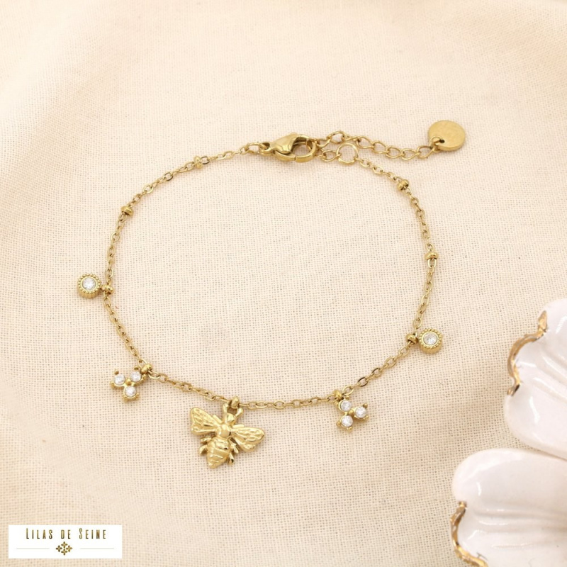 Bracelet en acier inoxydable Pendentif abeille & pampilles en strass AURELIA doré