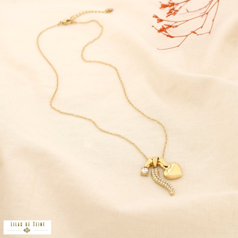 Collier en acier inoxydable Charms piment strassé, cœur LAURENE doré