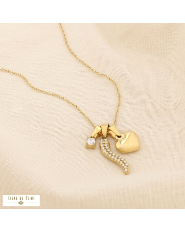 Collier en acier inoxydable Charms piment strassé, cœur LAURENE doré
