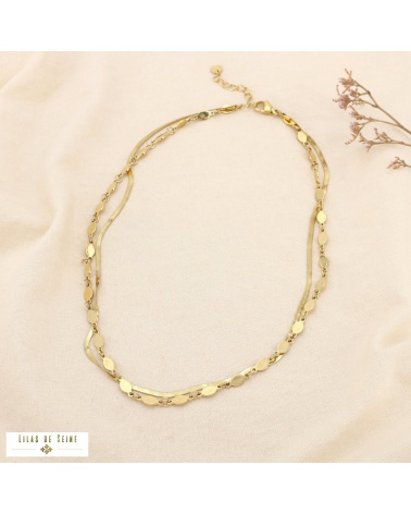 Collier double rangs en acier inoxydable – Chaîne miroir & pampilles ovales SCARLETT doré