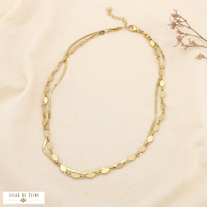 Collier double rangs en acier inoxydable – Chaîne miroir & pampilles ovales SCARLETT doré