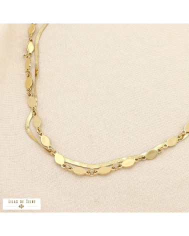 Collier double rangs en acier inoxydable – Chaîne miroir & pampilles ovales SCARLETT doré