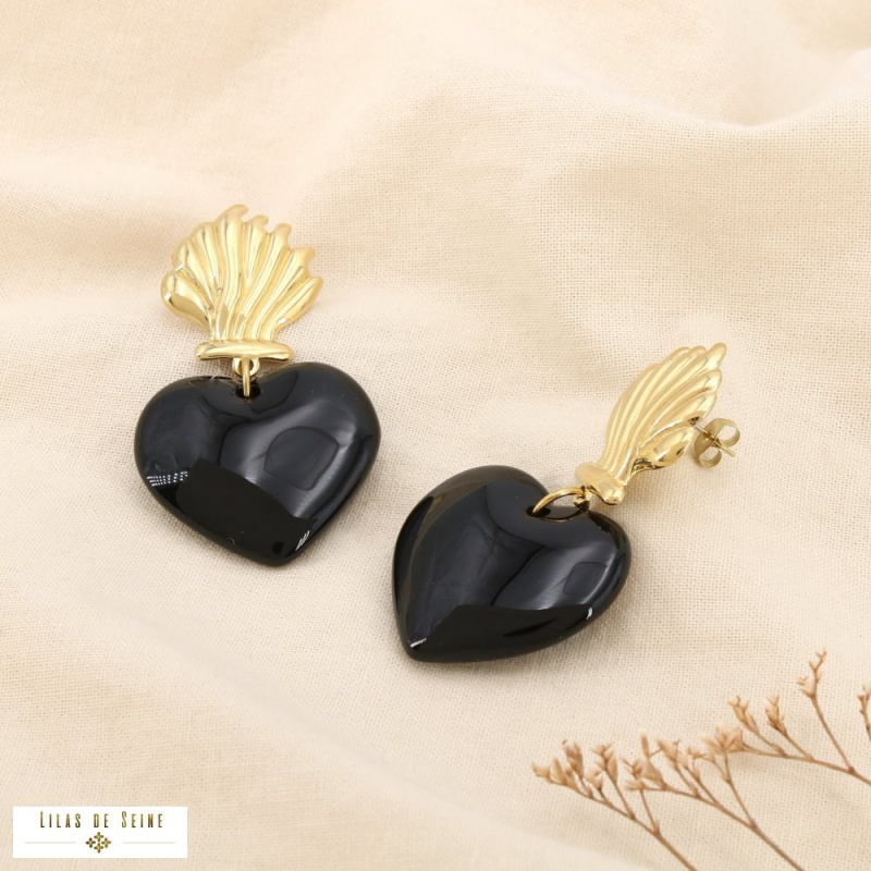 Boucles d’oreilles en acier inoxydable Cœur sculptural en résine NELIA noir