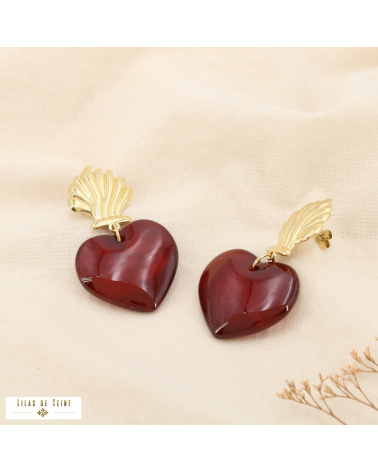 Boucles d’oreilles en acier inoxydable Cœur sculptural en résine NELIA rouge bordeaux