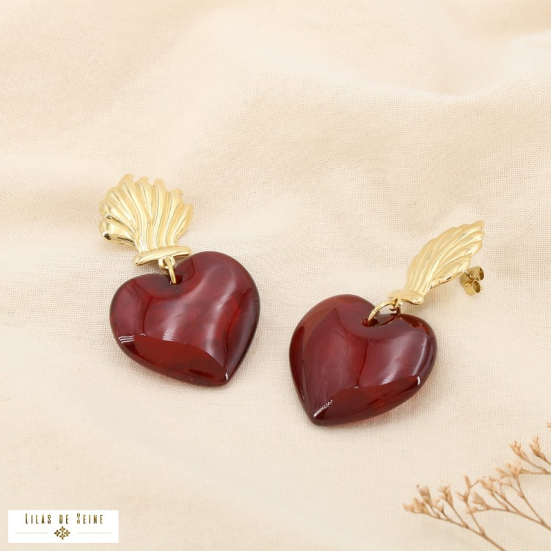 Boucles d’oreilles en acier inoxydable Cœur sculptural en résine NELIA rouge bordeaux