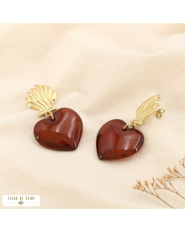 Boucles d’oreilles en acier inoxydable Cœur sculptural en résine NELIA cognac