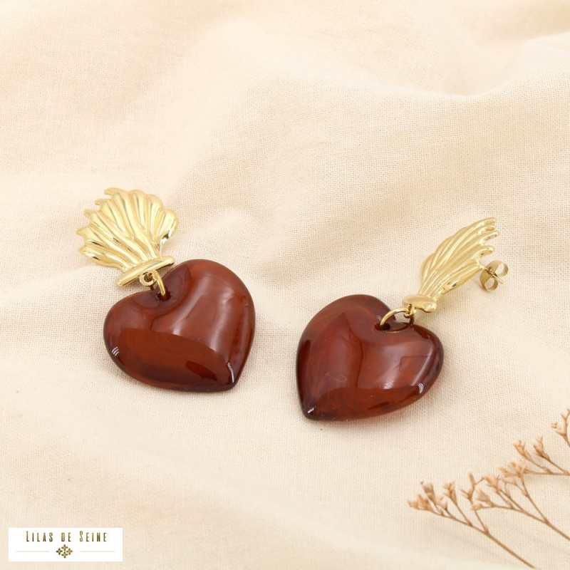 Boucles d’oreilles en acier inoxydable Cœur sculptural en résine NELIA cognac