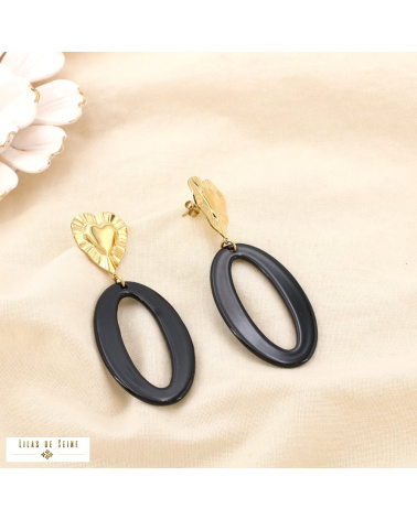 Boucles d’oreilles oversize Cœur en acier inoxydable & anneau ovale en résine IRINA noir