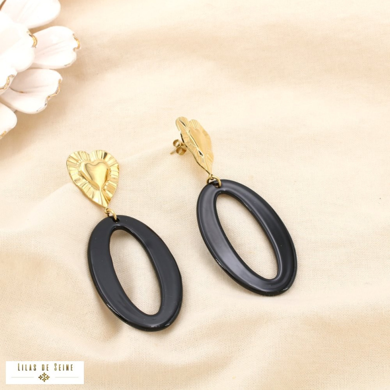 Boucles d’oreilles oversize Cœur en acier inoxydable & anneau ovale en résine IRINA noir