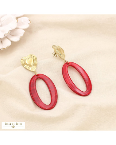 Boucles d’oreilles oversize Cœur en acier inoxydable & anneau ovale en résine IRINA rouge bordeaux