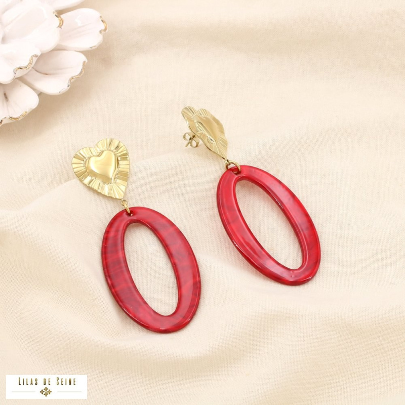 Boucles d’oreilles oversize Cœur en acier inoxydable & anneau ovale en résine IRINA rouge bordeaux