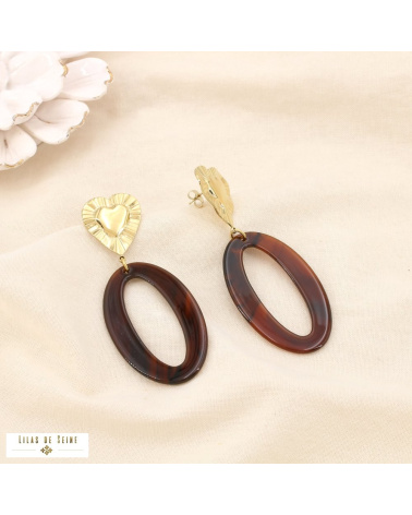 Boucles d’oreilles oversize Cœur en acier inoxydable & anneau ovale en résine IRINA cognac
