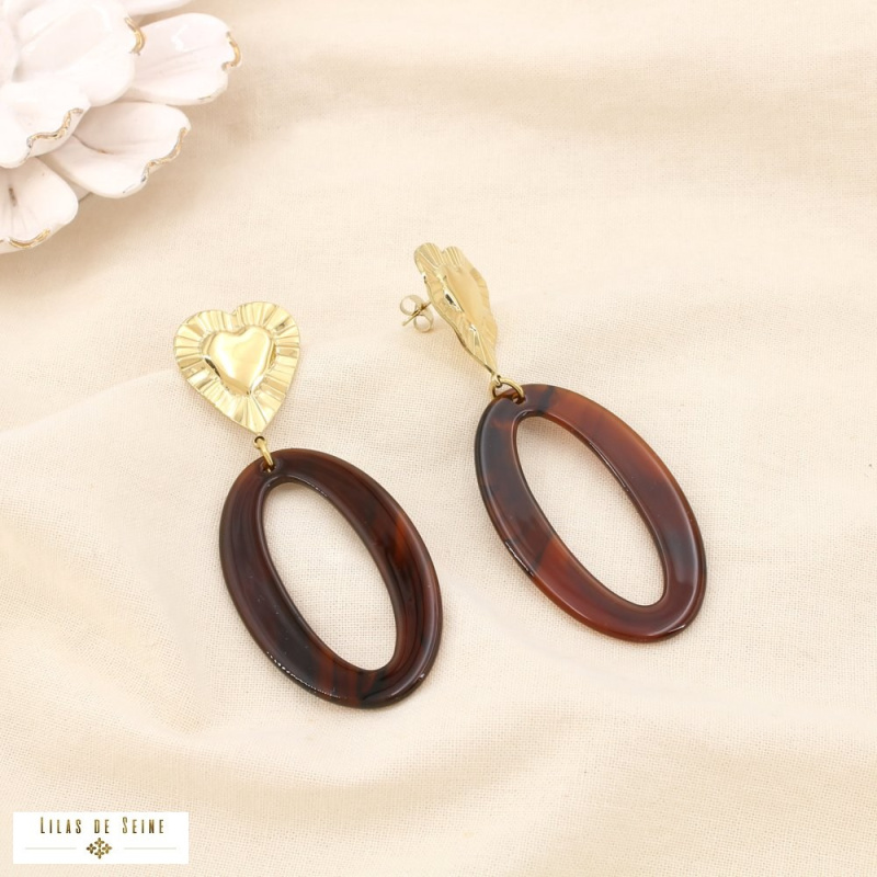Boucles d’oreilles oversize Cœur en acier inoxydable & anneau ovale en résine IRINA cognac