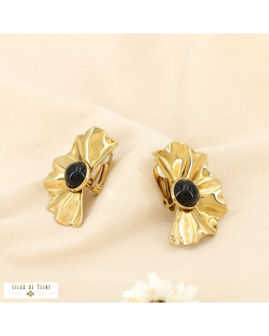 Boucles d’oreille Clip Vintage Acier inoxydable Plissé Cabochon NEYLA noir