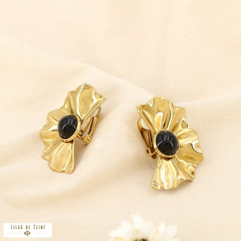 Boucles d’oreille Clip Vintage Acier inoxydable Plissé Cabochon NEYLA noir