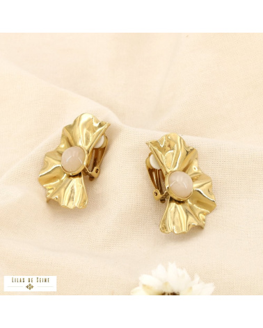 Boucles d’oreille Clip Vintage Acier inoxydable Plissé Cabochon NEYLA naturel/beige