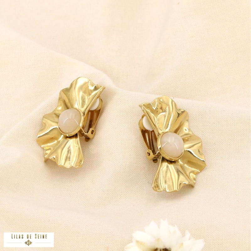 Boucles d’oreille Clip Vintage Acier inoxydable Plissé Cabochon NEYLA naturel/beige