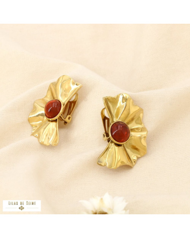Boucles d’oreille Clip Vintage Acier inoxydable Plissé Cabochon NEYLA cognac