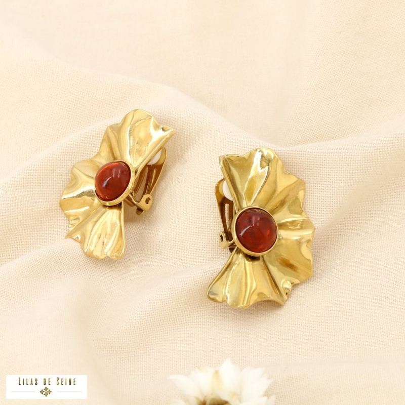 Boucles d’oreille Clip Vintage Acier inoxydable Plissé Cabochon NEYLA cognac