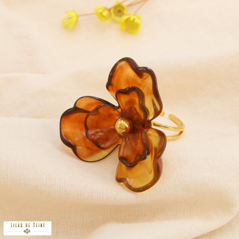 Bague Acier inoxydable Fleur Résine ERIN marron