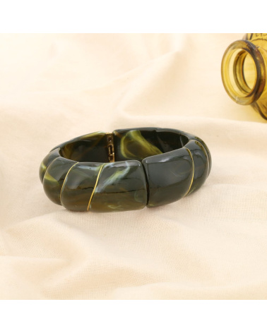 Bracelet manchette ouvrable en résine marbrée & acier inoxydable doré ELIA vert bouteille