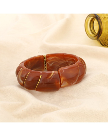 Bracelet manchette ouvrable en résine marbrée & acier inoxydable doré ELIA camel