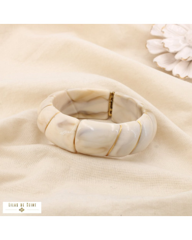 Bracelet manchette ouvrable en résine marbrée & acier inoxydable doré ELIA beige