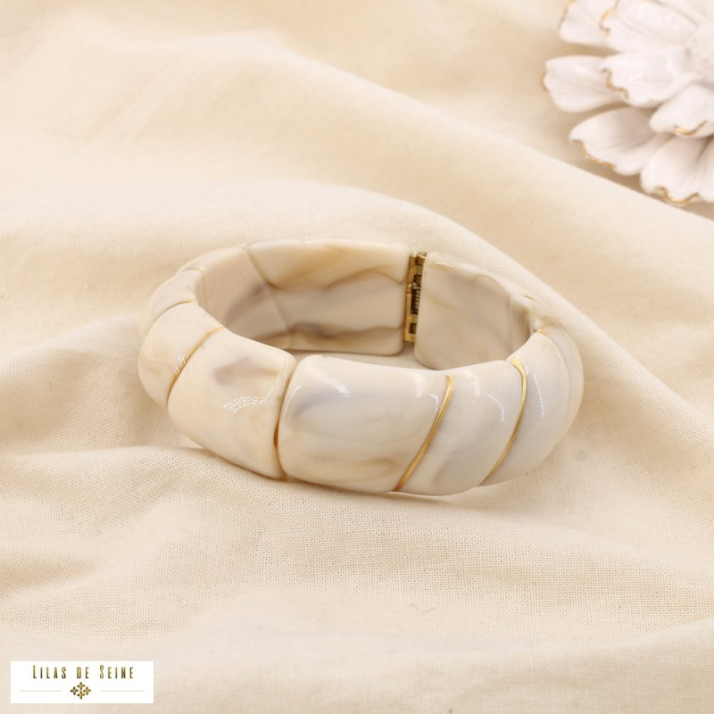Bracelet manchette ouvrable en résine marbrée & acier inoxydable doré ELIA beige