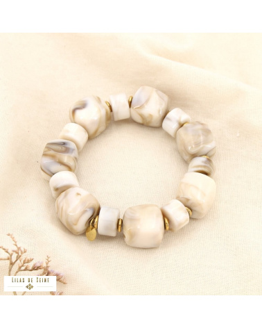 Bracelet acier inoxydable et perles de résine marbrée ambrée ANGELINA beige