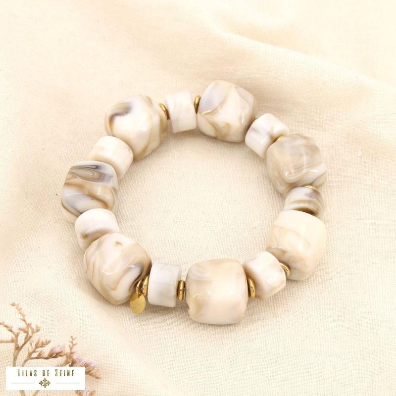 Bracelet acier inoxydable et perles de résine marbrée ambrée ANGELINA beige
