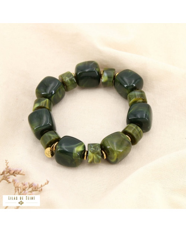 Bracelet acier inoxydable et perles de résine marbrée ambrée ANGELINA vert kaki