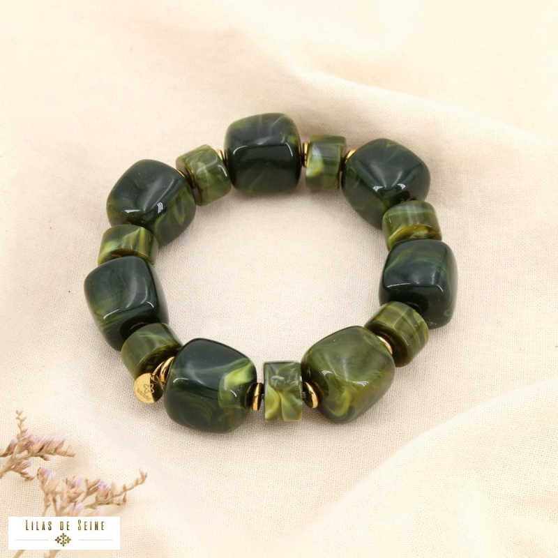 Bracelet acier inoxydable et perles de résine marbrée ambrée ANGELINA vert kaki
