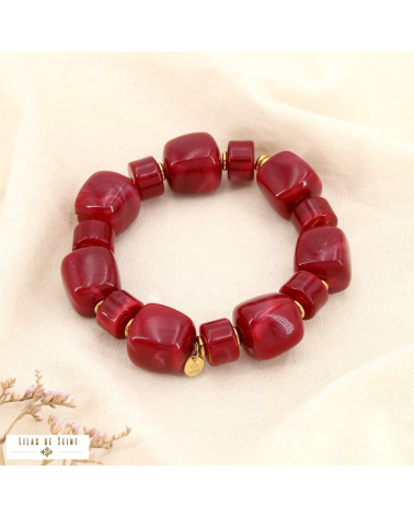 Bracelet acier inoxydable et perles de résine marbrée ambrée ANGELINA rouge bordeaux